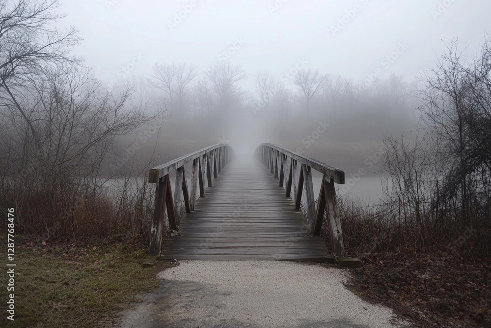 Misty wooden bridge leads to a lonely tree on a rocky island during early morning fog Misty wooden bridge leads to a lonely tree on a rocky island during early morning fog