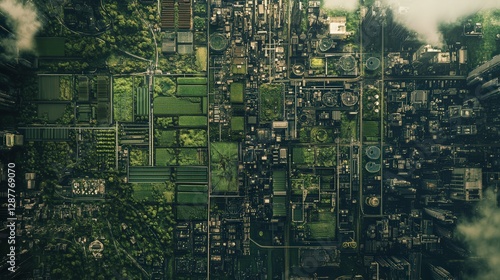 satellite capture of a futuristic city with vertical farms and green energy sources integrated into its layout.