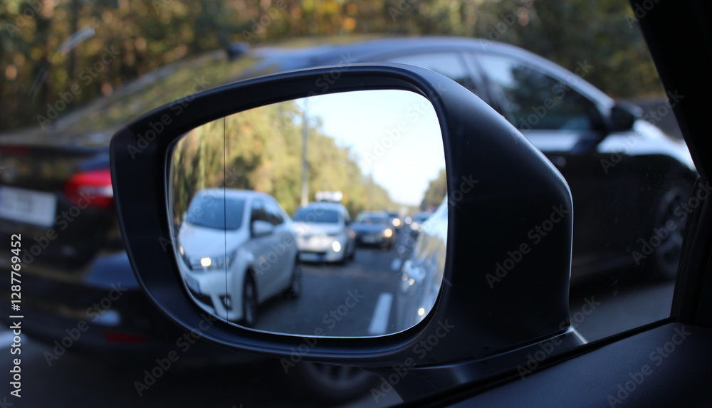 Forest road with blurred stopped cars reflects in the car mirror. Traffic jam on a country highway heading into the city on sunday evening before the start of the work week
Forest road with blurred stopped cars reflects in the car mirror. Traffic jam on a country highway heading into the city on sunday evening before the start of the work week