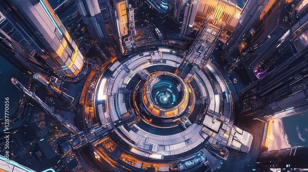 Obraz premium futuristic spaceport, complete with launch pads, spacecraft, and supporting infrastructure.