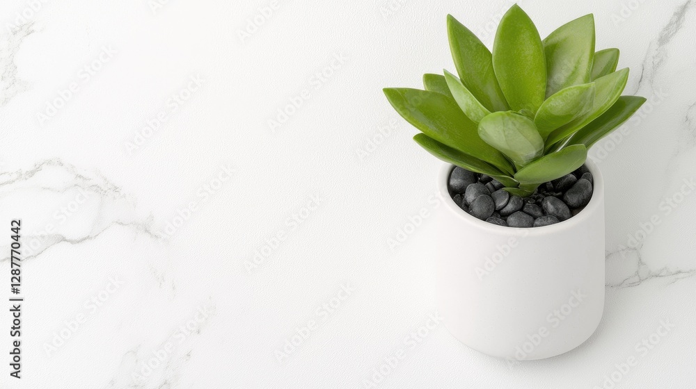 Obraz premium Minimalist succulent in white pot on marble. Use for desktop wallpaper, home decor catalog, interior design