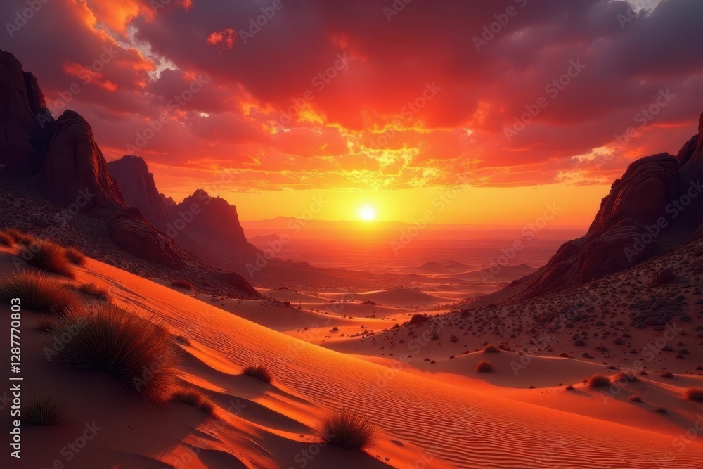 Fototapeta premium Fiery Sunset Over Vast Desert Landscape with Rolling Sand Dunes and Rugged Mountains
