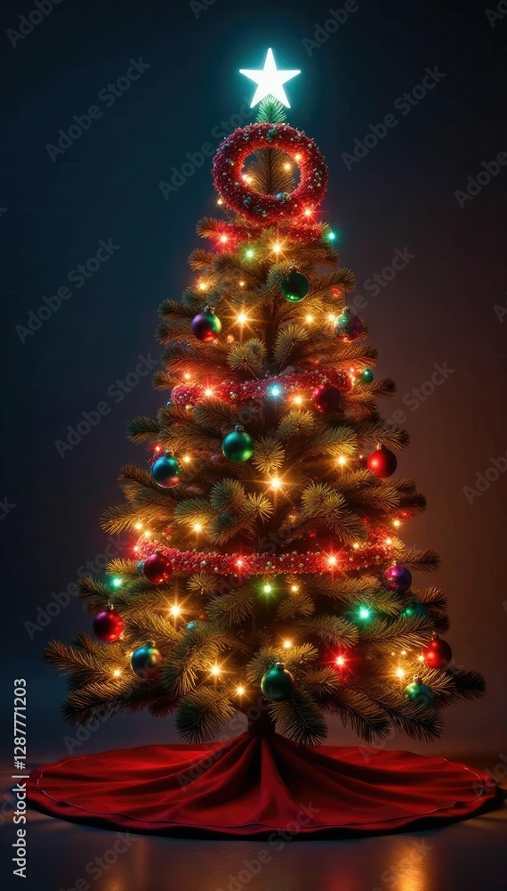 Bright shining colorful Christmas tree with a festive wreath on top, decorations, bright Bright shining colorful Christmas tree with a festive wreath on top, decorations, bright