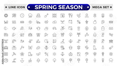 Spring season Equipment Icons Pack. Thin line icons set. Flatiron collection set.Outline planting flowers and seeds, watering can and fertilizers. Spring, agriculture and gardening concept.