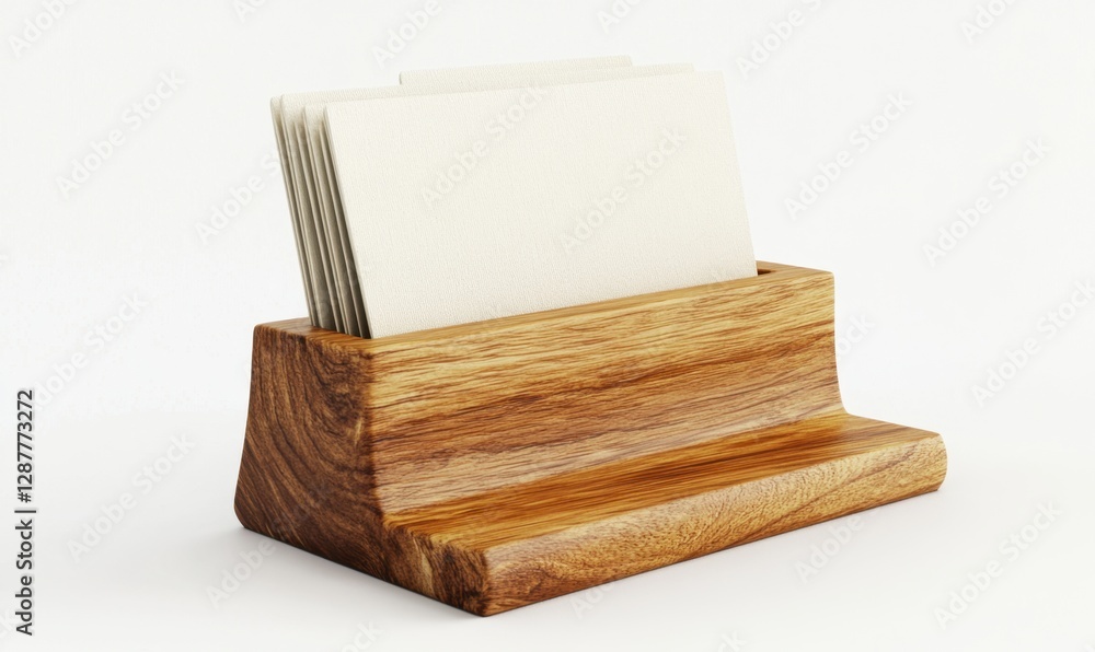 Blank cards in wooden holder on white background for business presentations Blank cards in wooden holder on white background for business presentations