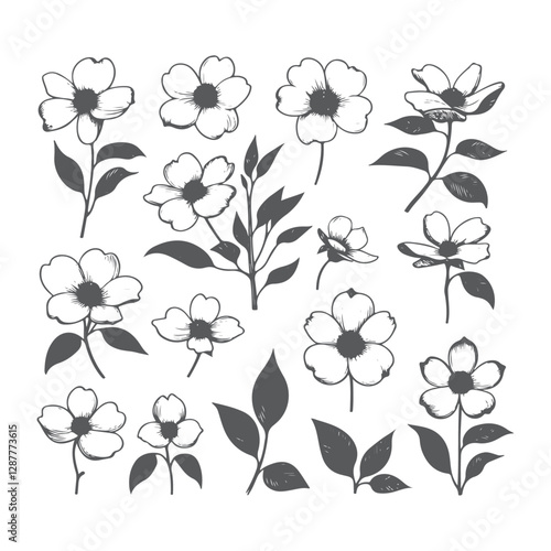 High-quality hand drawn dogwood flowers with intricate details, perfect for artistic and creative projects, retro-style prints, and unique digital assets