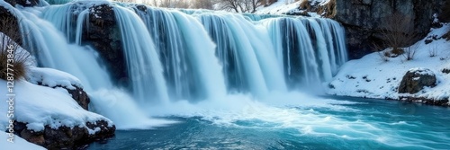 Frozen waterfall cascading down a rocky slope, water, rocks, fall