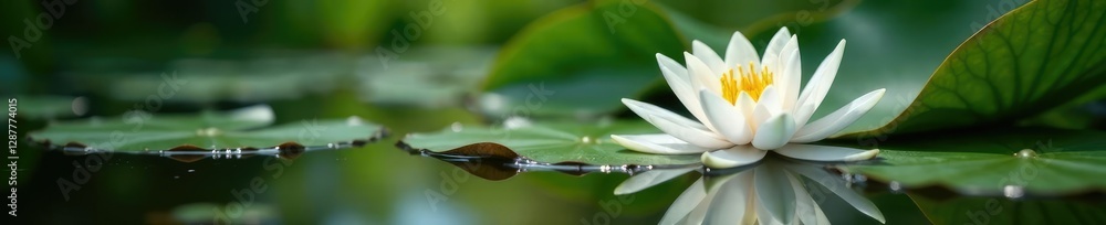 Fototapeta premium Full bloom of Nymphaea candida on pond surface, freshwater plant, white lily, pond life