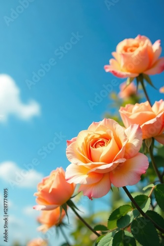 Full bloom of orange and cream colored roses against a blue sky, clouds, blue sky