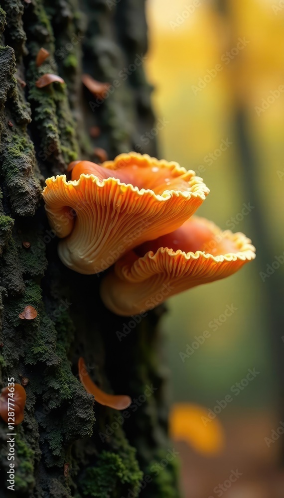 Fungi growing on a tree branch in autumn leaves, fungal hyphae, foliage, decay Fungi growing on a tree branch in autumn leaves, fungal hyphae, foliage, decay