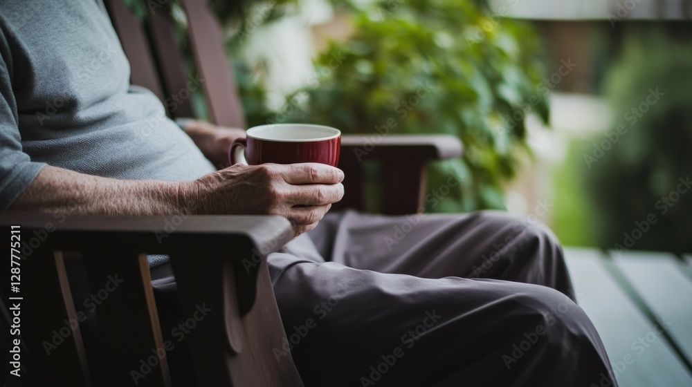 Senior living man enjoying a quiet cup of tea on his patio. Featuring relaxation and solitude Senior living man enjoying a quiet cup of tea on his patio. Featuring relaxation and solitude