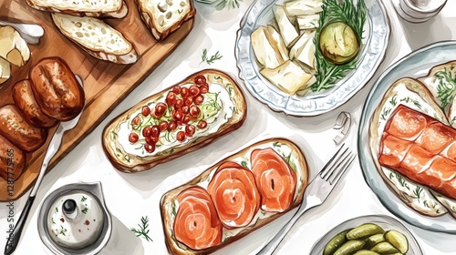 Wallpaper Mural spread of open-faced sandwiches with gravlax, pickled herring, and cheese. Torontodigital.ca