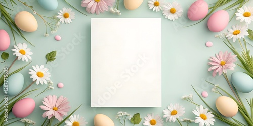 A blank white magazine cover surrounded by pastel-colored Easter eggs, fresh daisies, and green leaves on a soft background. A versatile Easter-themed mockup for branding and design.