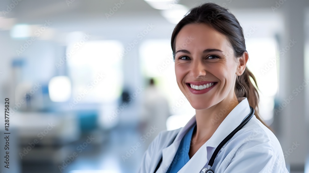 a professional and compassionate portrait of a smiling healthcare worker in a bright medical environment a professional and compassionate portrait of a smiling healthcare worker in a bright medical environment
