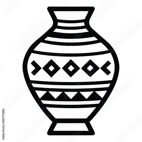 A black and white line art drawing of a traditional decorative vase with geometric patterns 