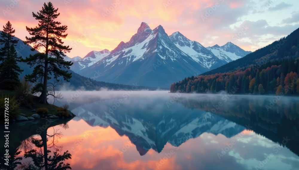 Fototapeta premium Majestic mountain range reflected in a serene lake under an autumn sky with oak trees silhouetted against fading light, misty, forest