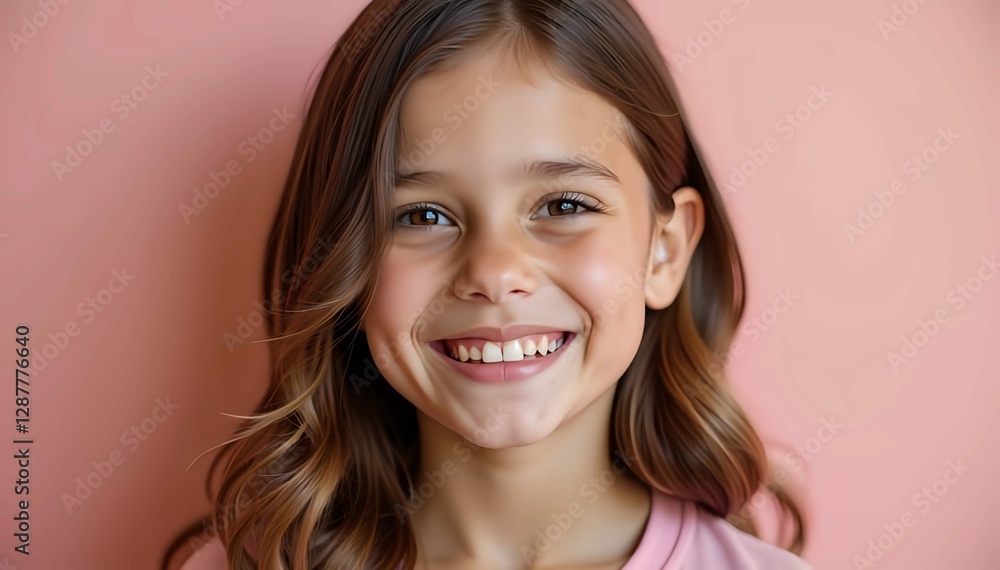 Close up portrait of smiling young girl with long hair, wearing a pink shirt, happy expression, cheerful and joyfull atmosphere, positive energy, isolated on pink background Close up portrait of smiling young girl with long hair, wearing a pink shirt, happy expression, cheerful and joyfull atmosphere, positive energy, isolated on pink background