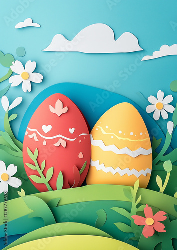 easter, poster card, simple, hand drawing paper cut style, modern