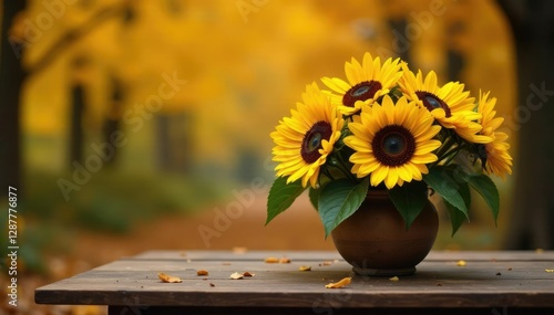 Richly colored sunflower arrangement on a rustic table amidst a backdrop of autumn foliage, table, sunflowers