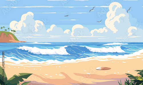 Minimalist Summer Beach Scene with Waves and Blue Sky Vector Illustration