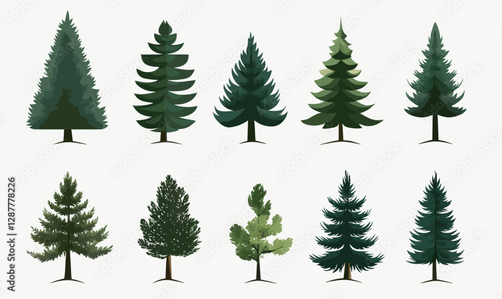 Obraz premium Minimalistic Pine Trees Vector Set Illustration for Nature Design Elements
