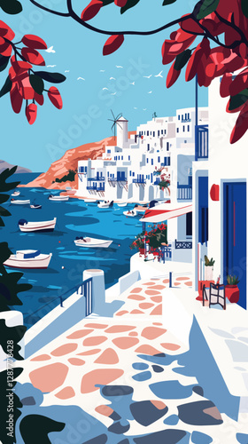 Mykonos Greece Scenic Travel Poster Flat Minimalist Vector Art