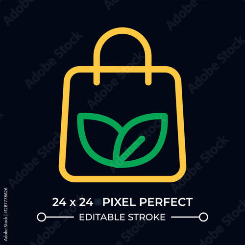 Eco bag dark color line ui icon. Tote shopper with leaves print. Environmental friendly fashion. Minimalist accessory. Vector duotone outline symbol isolated. User interface element, pixel perfect