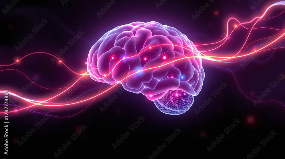 Illustration of bioluminescent electromagnetic waves flowing through a human brain, smooth colorful energy, minimal futuristic neuroscience, glowing neural patterns, natural light effects. Illustration of bioluminescent electromagnetic waves flowing through a human brain, smooth colorful energy, minimal futuristic neuroscience, glowing neural patterns, natural light effects.