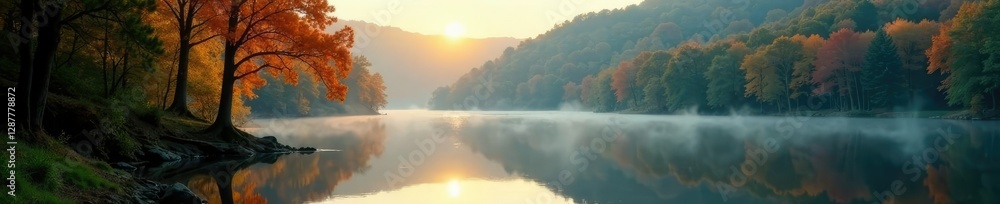 Fototapeta premium Soft light filters through trees at Ashokan Reservoir, reflection, nature, peaceful