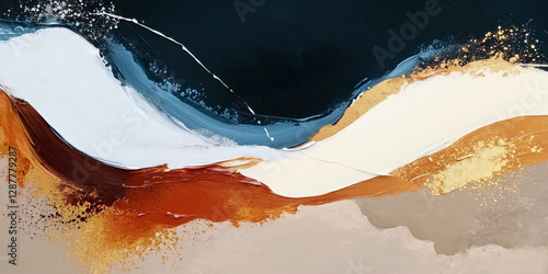 Golden Glittering Sand and Navy Blue Resin Waves in Abstract Landscape with Smooth Brush Strokes and Beige Color Palette Featuring Gold Accents on White Background