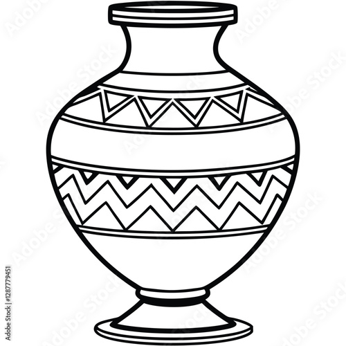 A black and white line art drawing of a traditional decorative vase with geometric patterns 