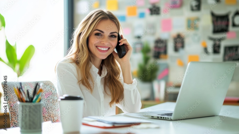 Woman smiling while talking on phone and working on laptop in modern office space Woman smiling while talking on phone and working on laptop in modern office space
