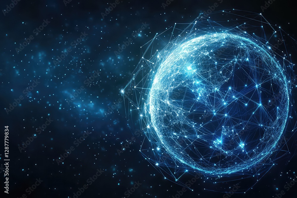 A futuristic concept showing a globe wrapped in interconnected digital nodes, symbolizing online networking. A futuristic concept showing a globe wrapped in interconnected digital nodes, symbolizing online networking.
