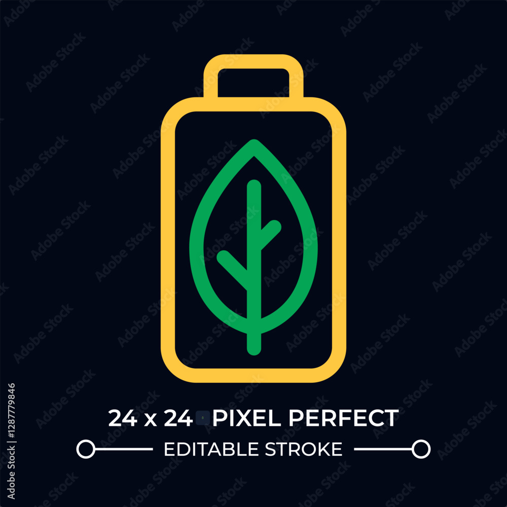 Naklejka premium Eco friendly battery dark color line ui icon. Rechargeable accumulator with leaf. Minimize resource depletion. Vector duotone outline symbol isolated. User interface element, pixel perfect