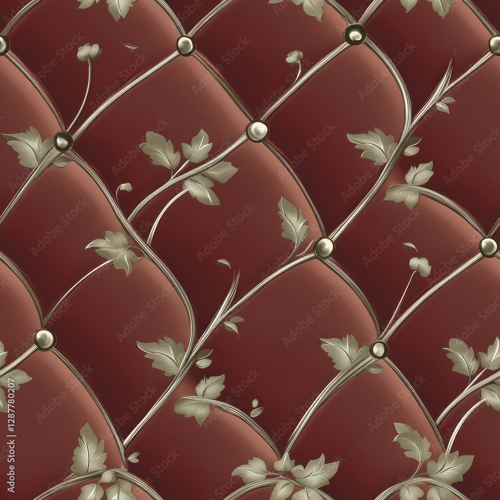 Naklejka premium Embossed Red Surface Pattern with floral, buttoned background on red upholstery, seamless elegant texture