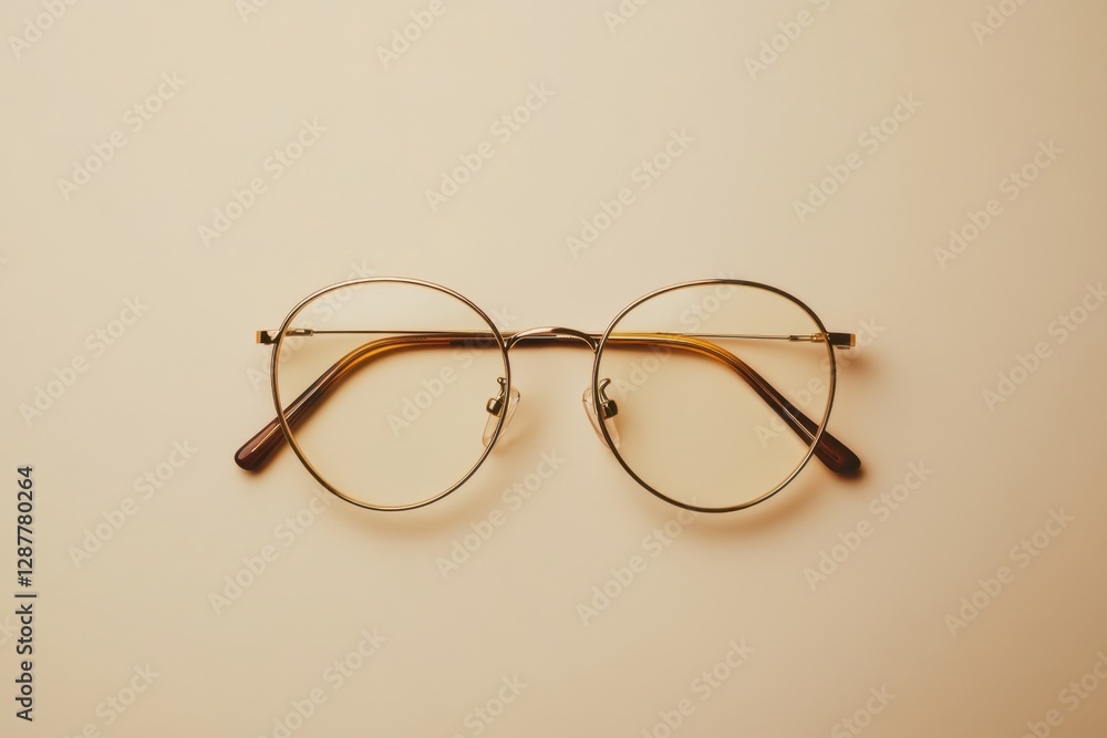 A pair of round glasses resting on a light beige surface A pair of round glasses resting on a light beige surface