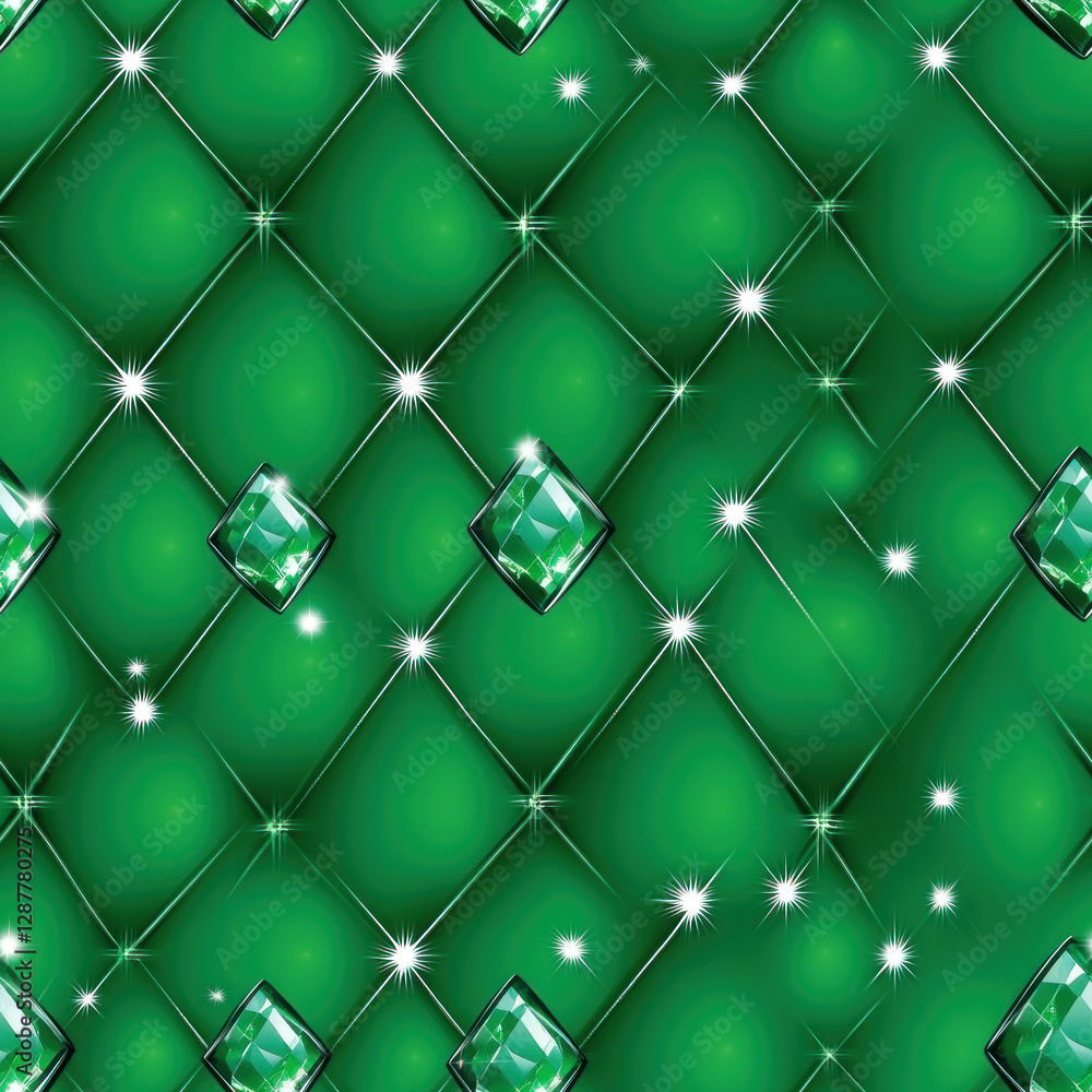 Naklejka premium Emerald gems embedded in quilted green background