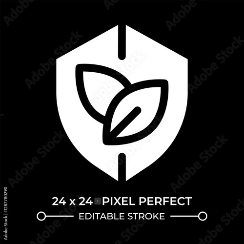 Leaves on shield glyph ui icon isolated on black. Ecology protection program. Environmentally friendly activity. Bio security. Vector solid symbol dark mode. User interface element, pixel perfect