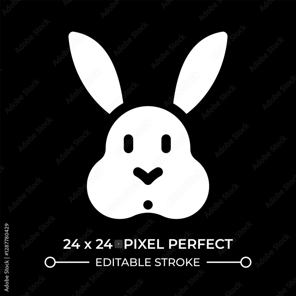 Obraz premium Cute rabbit face glyph ui icon isolated on black. Funny bunny with long ears. Friendly rodent animal companion. Hare muzzle. Vector solid symbol dark mode. User interface element, pixel perfect