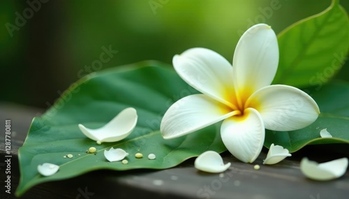 Vanilla flower petals scattered on a leafy branch, fragrant, peaceful