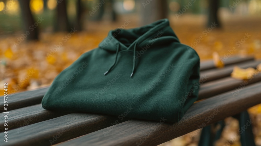 Obraz premium Dark Green Hoodie Folded on Wooden Bench in Autumn Park
