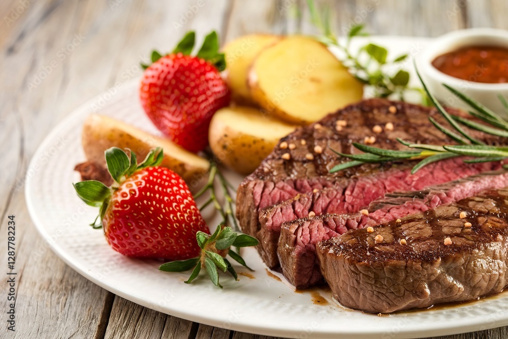 A close-up of a delicious beef steak with sliced potatoes, tomato and strawberries A close-up of a delicious beef steak with sliced potatoes, tomato and strawberries