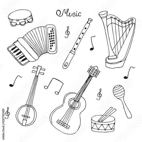Musical instruments set, hand drawing, vector illustration, doodle
