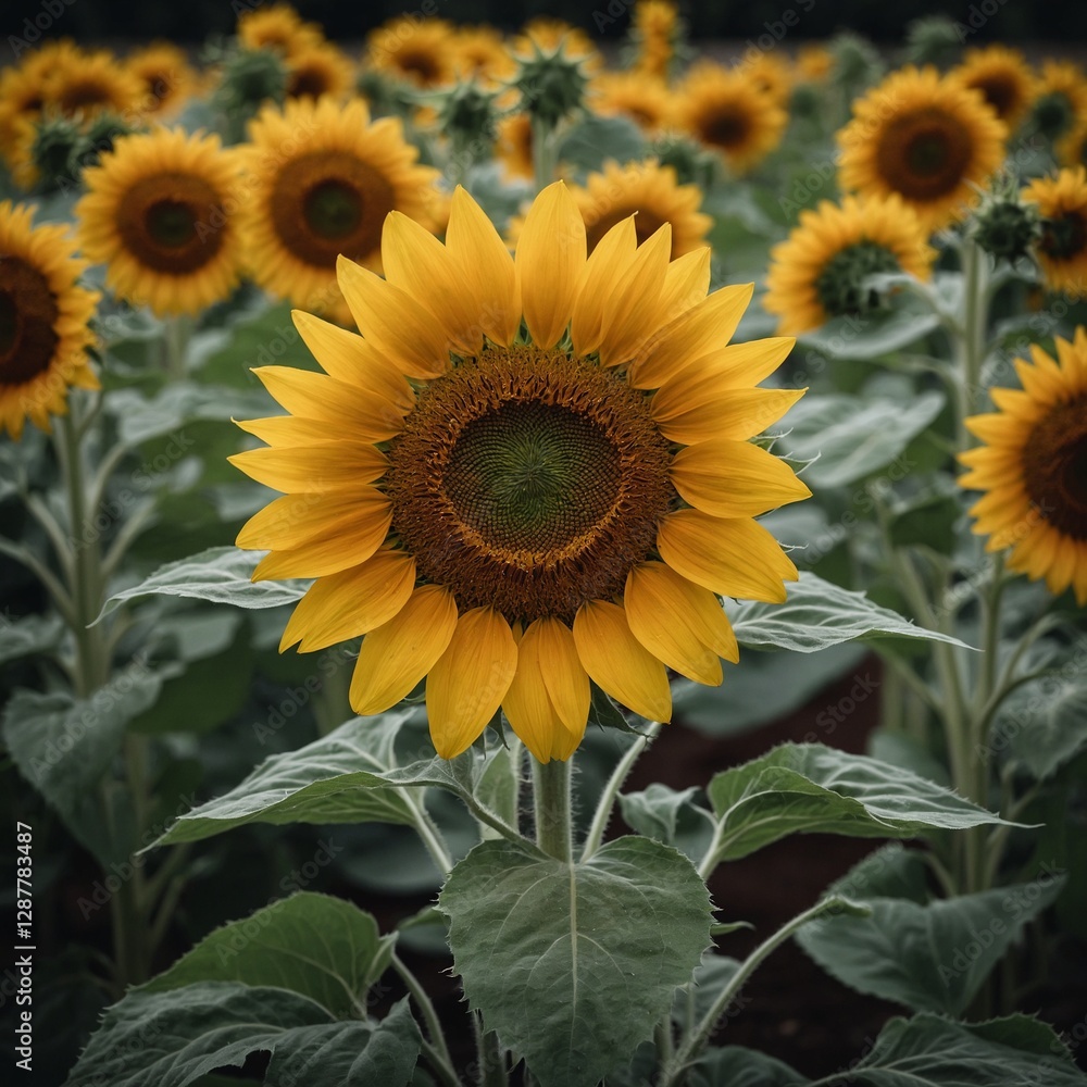 Obraz premium A sunflower with bright yellow petals and a large brown center, standing alone.