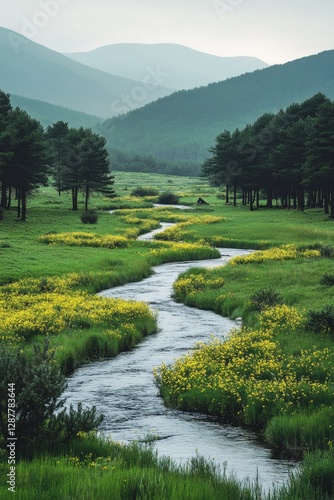 Serene river winding through lush green meadow adorned with vibrant yellow flowers and tranquil mountain backdrop