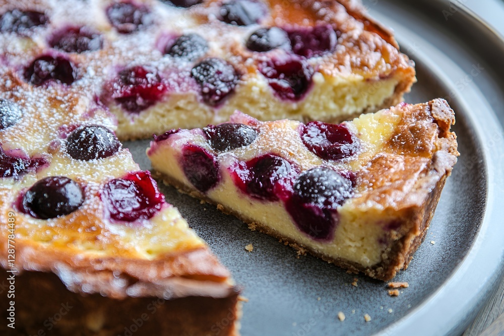Close-Up of Golden Clafoutis with Cherries and Chestnuts on a Rustic Plate Close-Up of Golden Clafoutis with Cherries and Chestnuts on a Rustic Plate