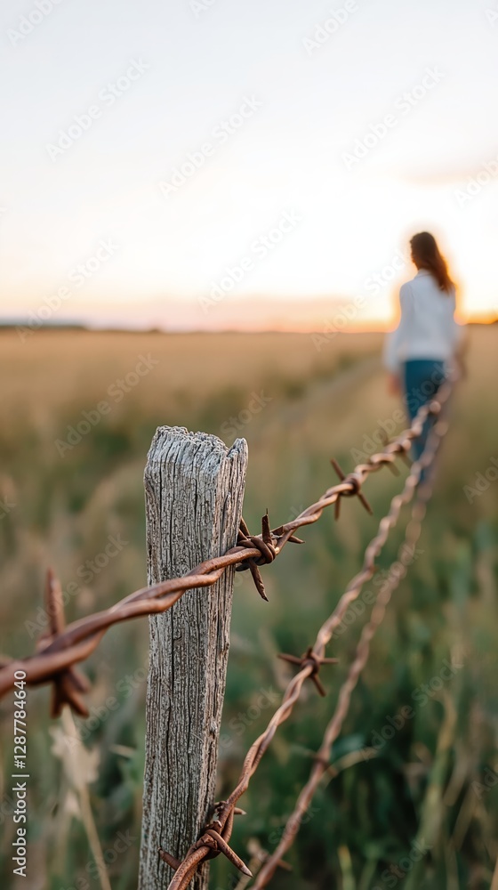 Fototapeta premium *Barbed wire fence with woman walking at sunset in field. Rural landscape, summer, loneliness concept.**