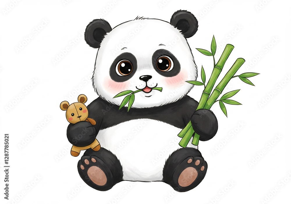 Fototapeta premium Adorable Panda Cub Eats Bamboo Softly. AI Generated