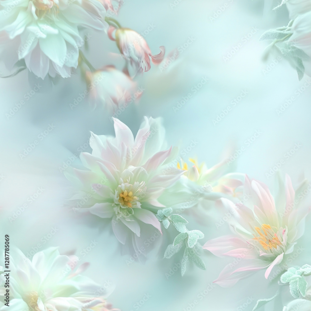 Obraz premium Floating Dahlia flowers softly blooming on light blue background, delicate floral arrangement
