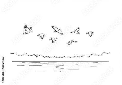Birds gracefully soar above tranquil lake scene. AI Generated
